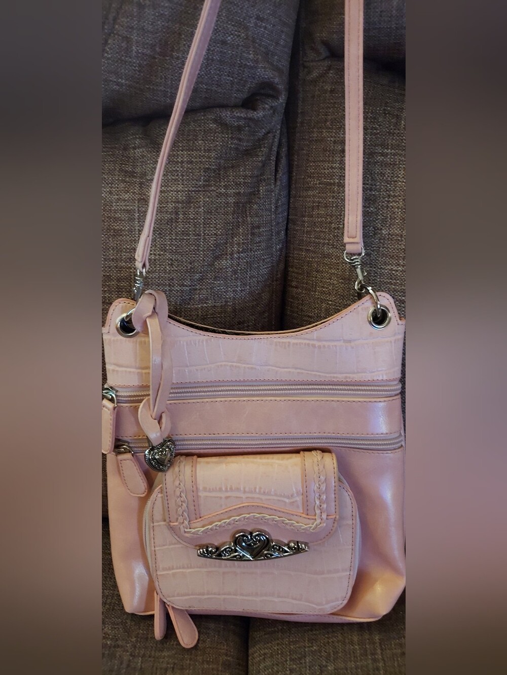 Women's Pink Shoulder Bag with Croc-Embossed Accents
